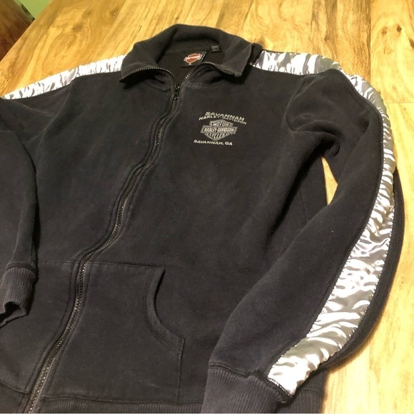 Y2K 2005 Harley Davidson Shiny Silver Stripe Sleeves Full Zip Sweatshirt XL - Picture 2 of 8